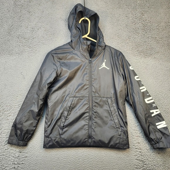 Jordan Jacket Youth Medium Black Hooded Fleece Lined Zip Jumpman Sleeve Print - Picture 1 of 9